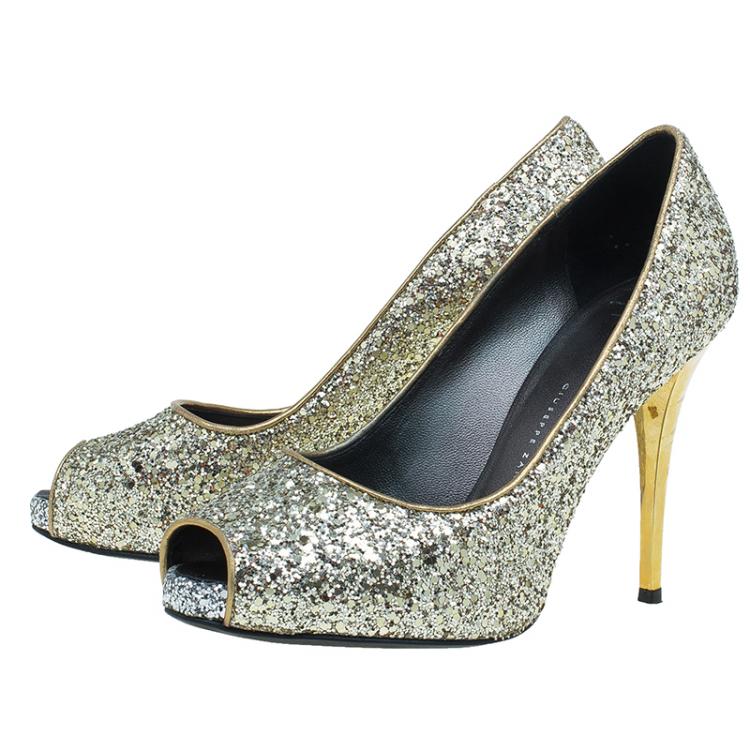 Pre Owned Giuseppe Zanotti Gold Glitter Peep Toe Pumps Size 36.5