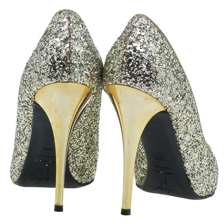 Pre Owned Giuseppe Zanotti Gold Glitter Peep Toe Pumps Size 36.5