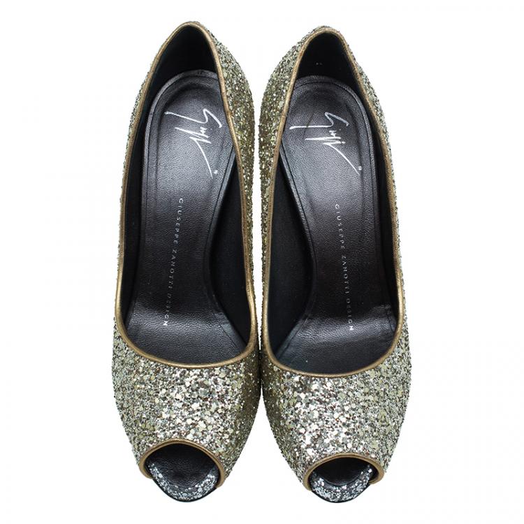 Pre Owned Giuseppe Zanotti Gold Glitter Peep Toe Pumps Size 36.5