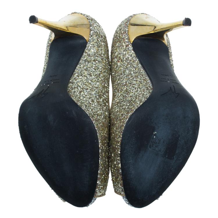 Pre Owned Giuseppe Zanotti Gold Glitter Peep Toe Pumps Size 36.5