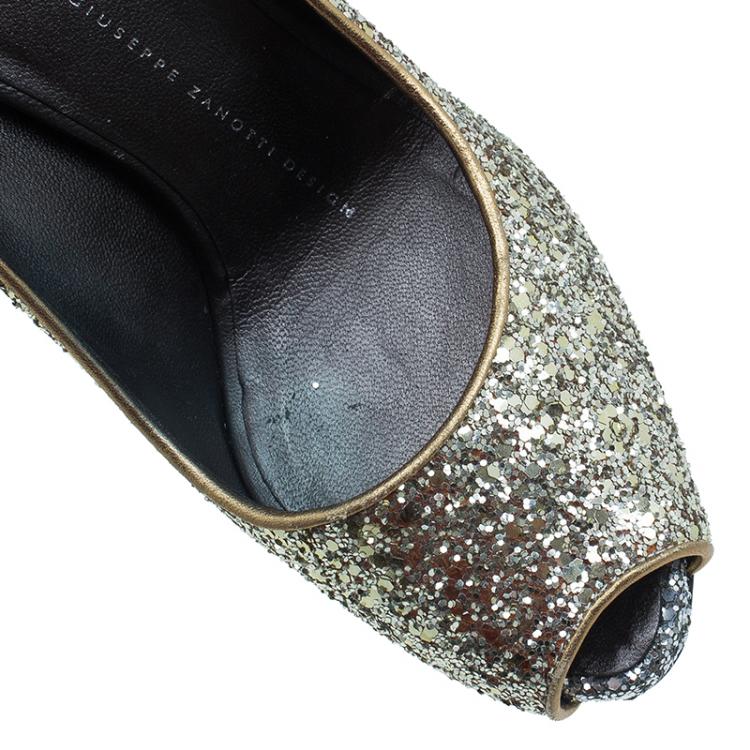 Pre Owned Giuseppe Zanotti Gold Glitter Peep Toe Pumps Size 36.5