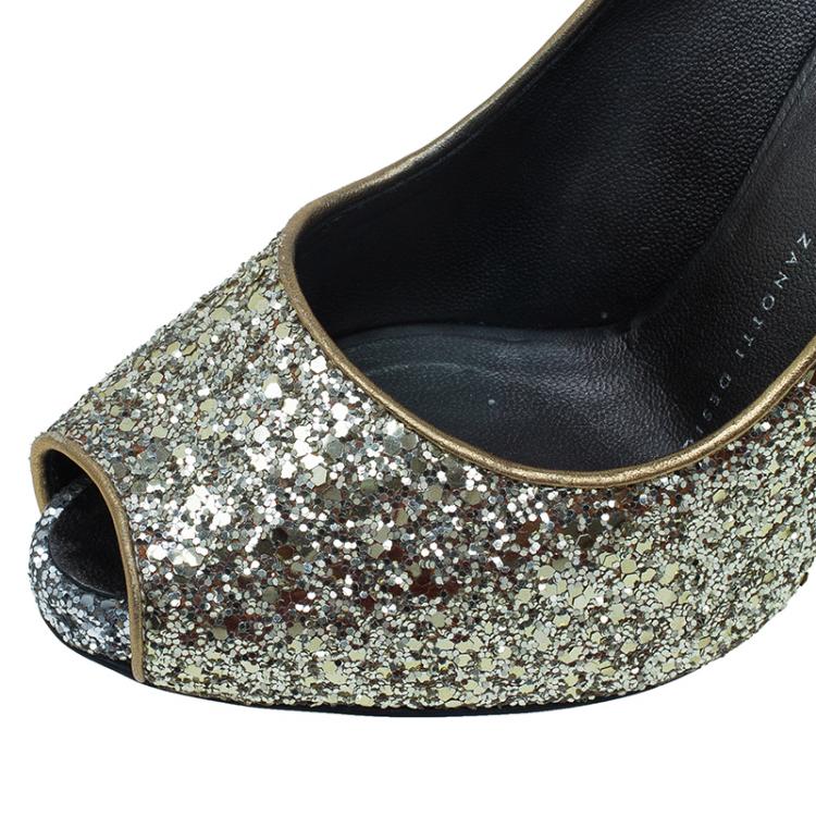 Pre Owned Giuseppe Zanotti Gold Glitter Peep Toe Pumps Size 36.5