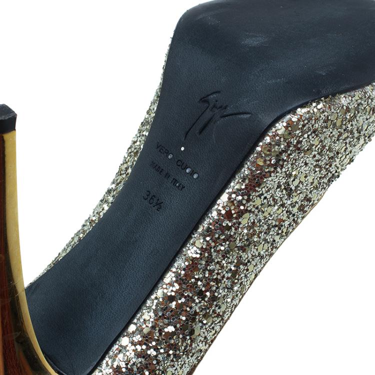 Pre Owned Giuseppe Zanotti Gold Glitter Peep Toe Pumps Size 36.5