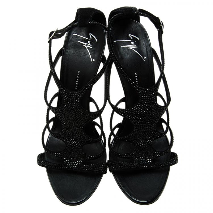 Pre Owned Giuseppe Zanotti Black Crystal Studded Suede Strappy Sandals Size 38