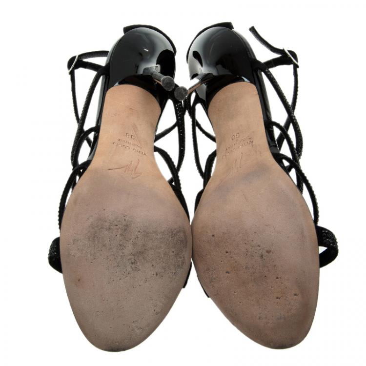 Pre Owned Giuseppe Zanotti Black Crystal Studded Suede Strappy Sandals Size 38