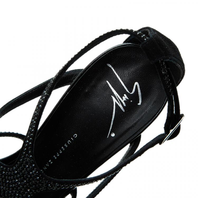 Pre Owned Giuseppe Zanotti Black Crystal Studded Suede Strappy Sandals Size 38
