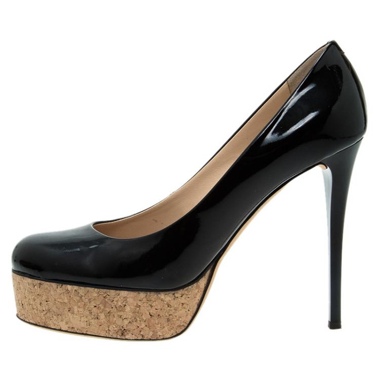 Pre Owned Giuseppe Zanotti Black Patent Cork Platform Pumps Size 38