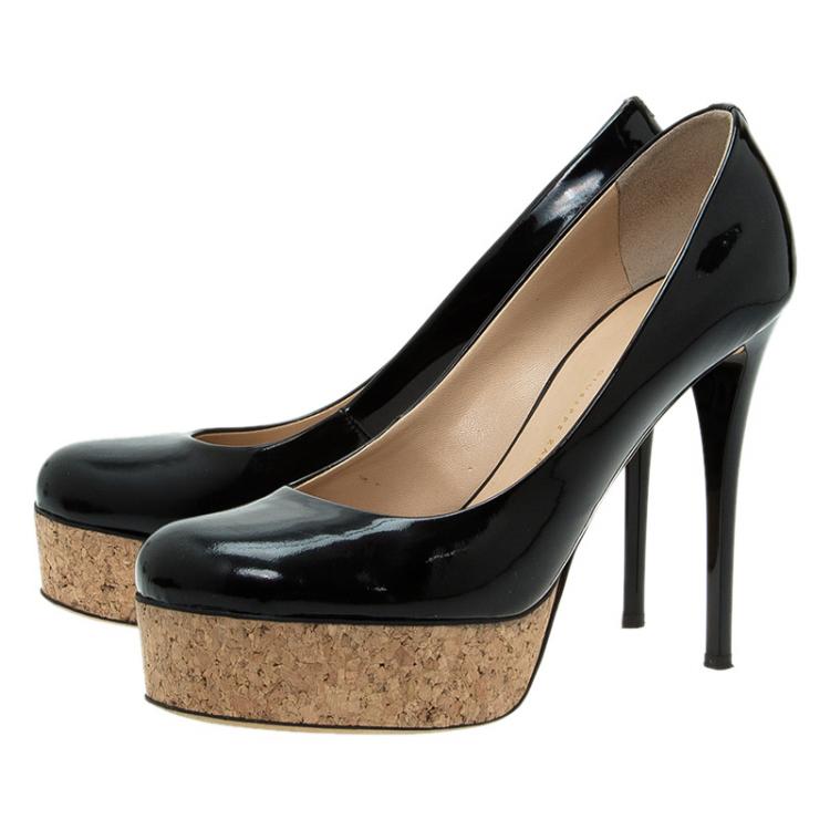 Pre Owned Giuseppe Zanotti Black Patent Cork Platform Pumps Size 38