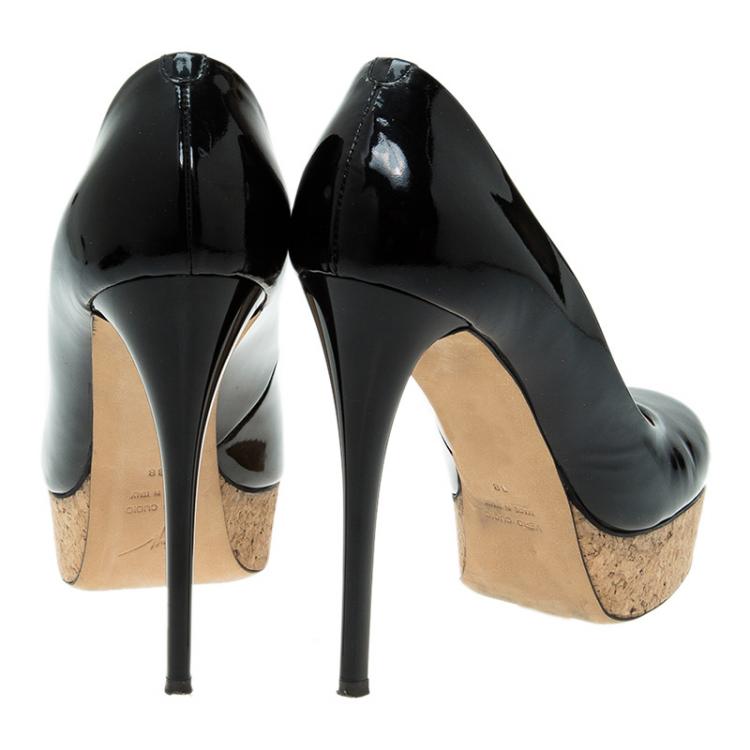Pre Owned Giuseppe Zanotti Black Patent Cork Platform Pumps Size 38