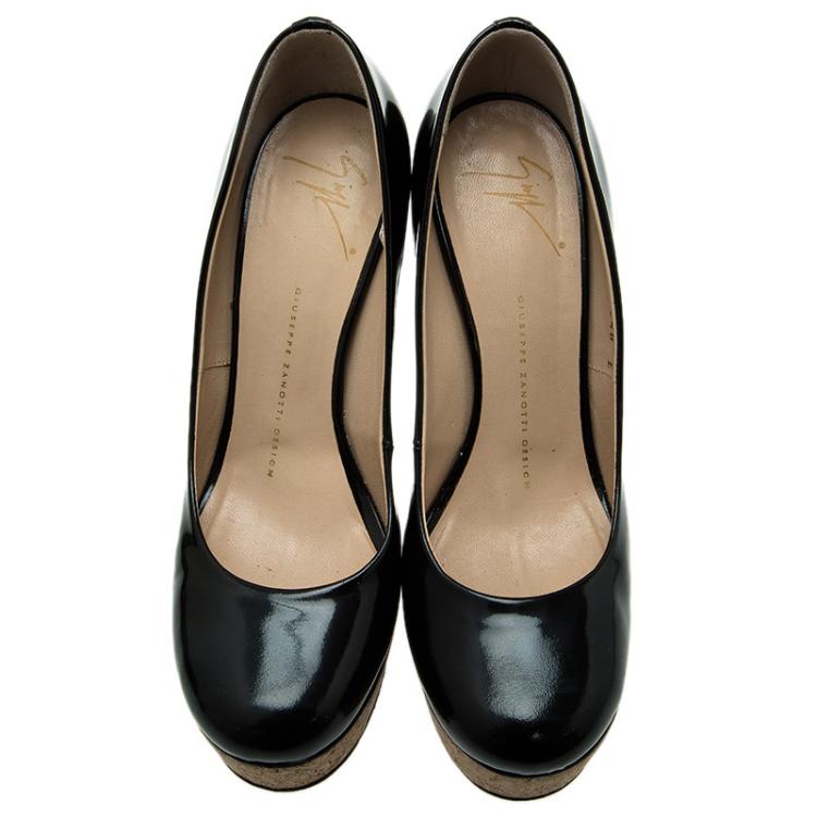 Pre Owned Giuseppe Zanotti Black Patent Cork Platform Pumps Size 38