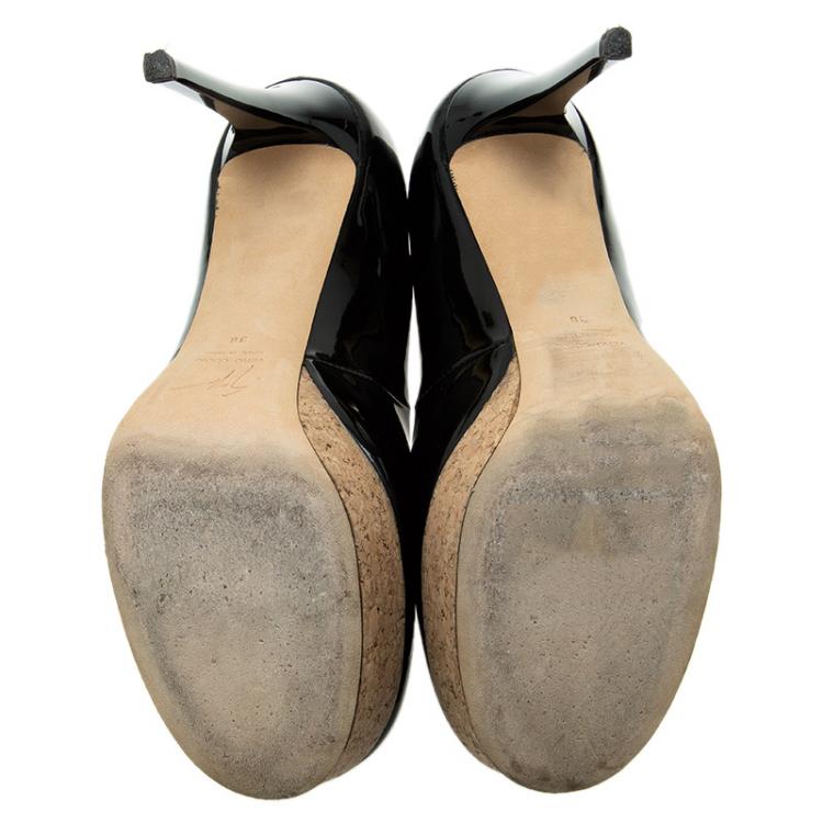 Pre Owned Giuseppe Zanotti Black Patent Cork Platform Pumps Size 38