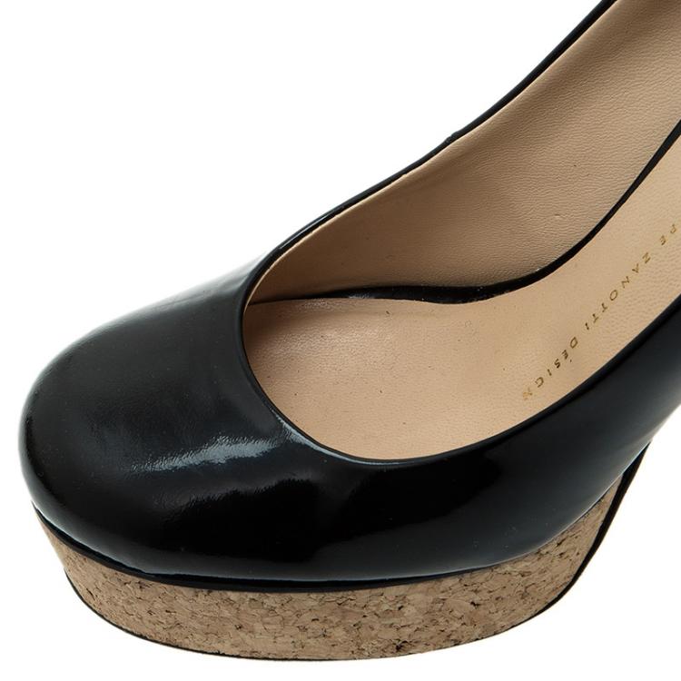Pre Owned Giuseppe Zanotti Black Patent Cork Platform Pumps Size 38