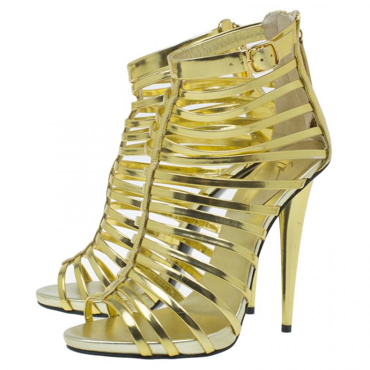 Pre Owned Giuseppe Zanotti Gold Mirrored Leather Caged Booties Size 37.5