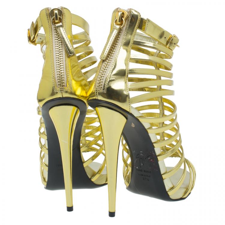 Pre Owned Giuseppe Zanotti Gold Mirrored Leather Caged Booties Size 37.5