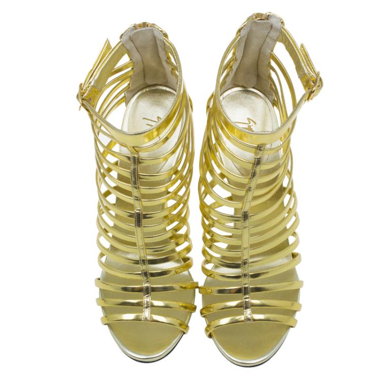 Pre Owned Giuseppe Zanotti Gold Mirrored Leather Caged Booties Size 37.5