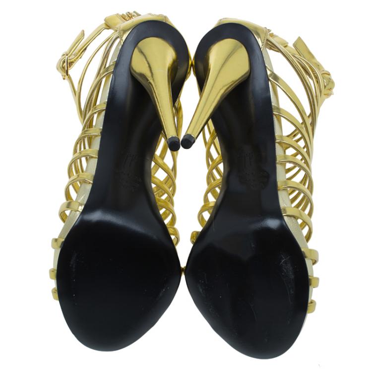 Pre Owned Giuseppe Zanotti Gold Mirrored Leather Caged Booties Size 37.5