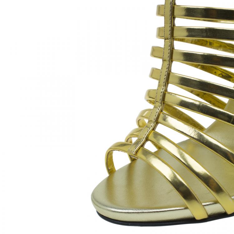 Pre Owned Giuseppe Zanotti Gold Mirrored Leather Caged Booties Size 37.5