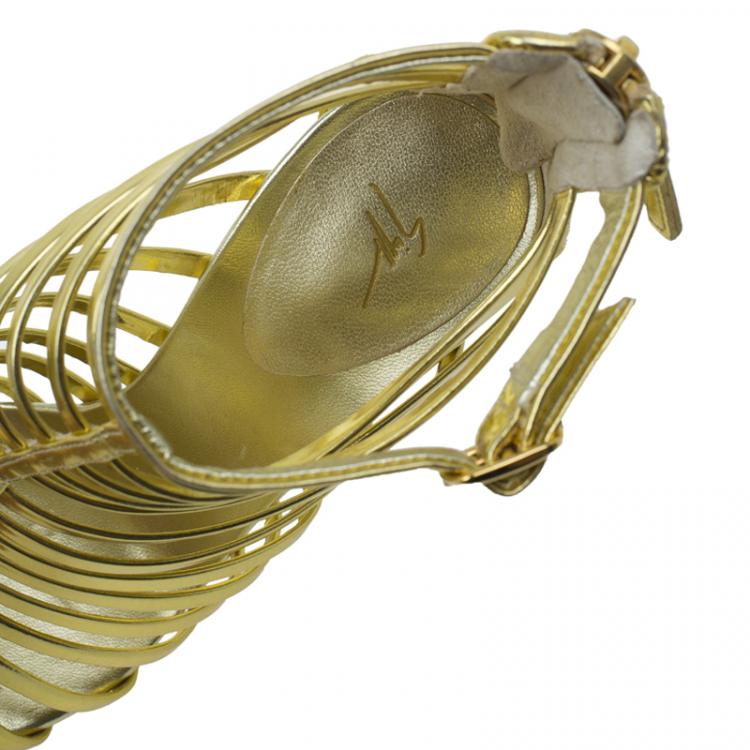 Pre Owned Giuseppe Zanotti Gold Mirrored Leather Caged Booties Size 37.5