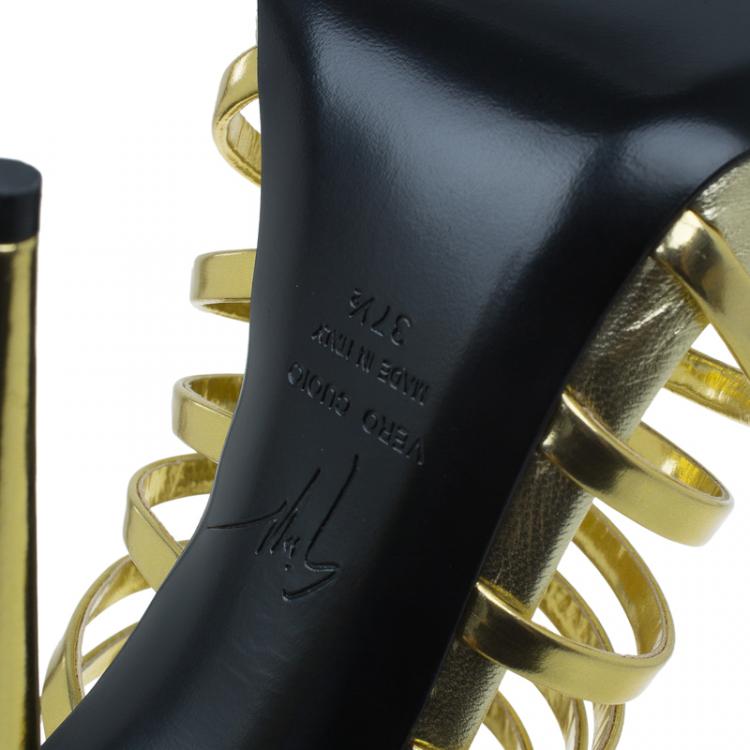 Pre Owned Giuseppe Zanotti Gold Mirrored Leather Caged Booties Size 37.5