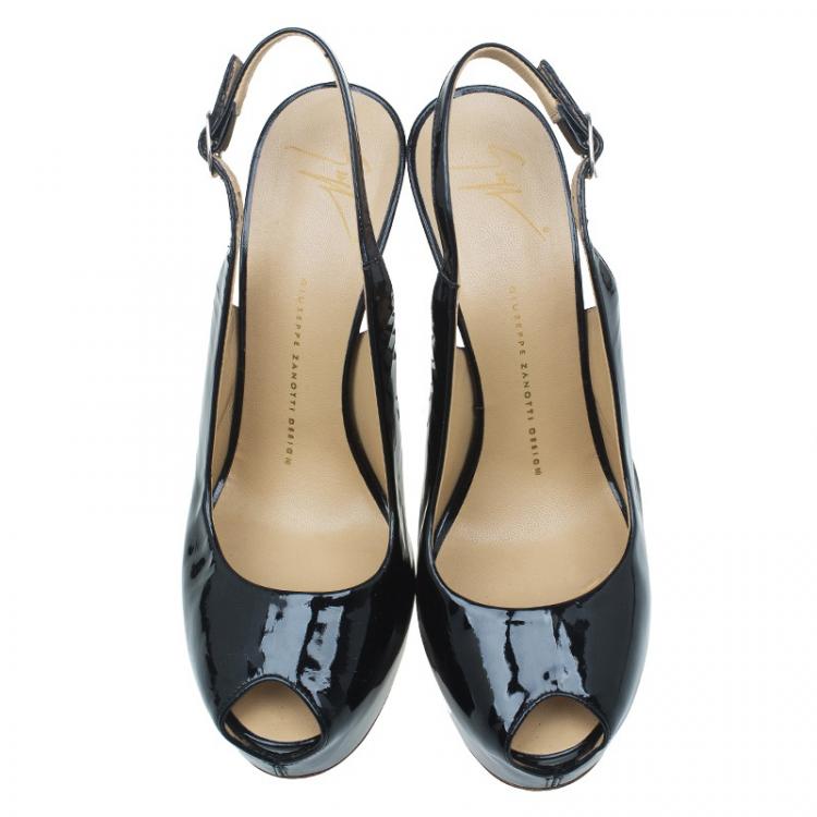 Pre Owned Giuseppe Zanotti Black Patent Peep Toe Platform Slingback Sandals Size 39