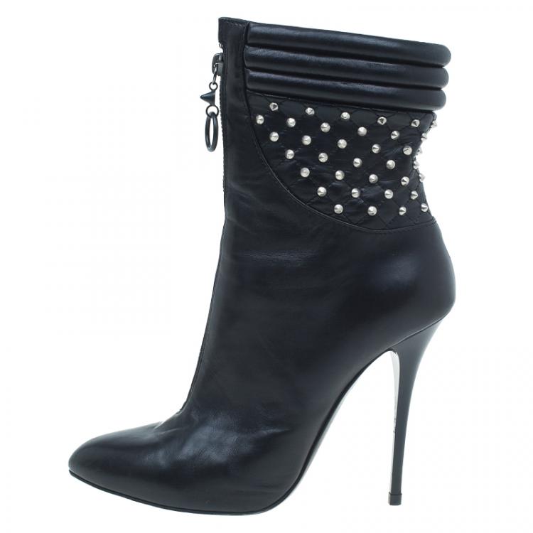 مملوكة مسبقًا Giuseppe Zanotti Black Leather Studded Zipper Detail Mid Calf Boots Size 39.5