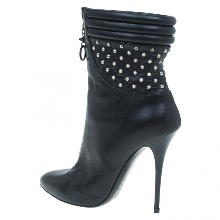 مملوكة مسبقًا Giuseppe Zanotti Black Leather Studded Zipper Detail Mid Calf Boots Size 39.5