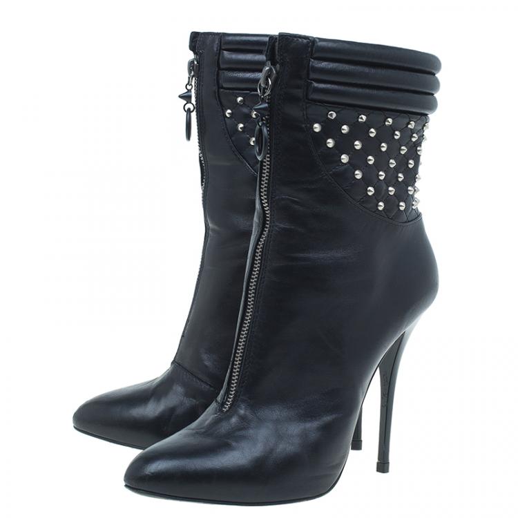 مملوكة مسبقًا Giuseppe Zanotti Black Leather Studded Zipper Detail Mid Calf Boots Size 39.5
