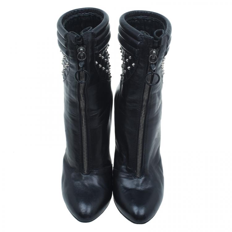 مملوكة مسبقًا Giuseppe Zanotti Black Leather Studded Zipper Detail Mid Calf Boots Size 39.5