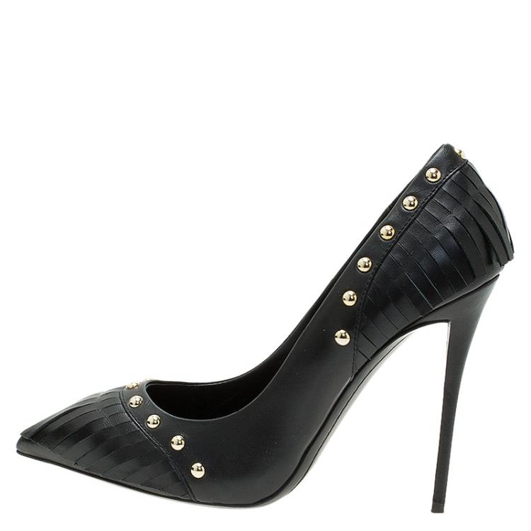 Pre Owned Giuseppe Zanotti Black Leather Studded Fringe Pumps Size 38.5