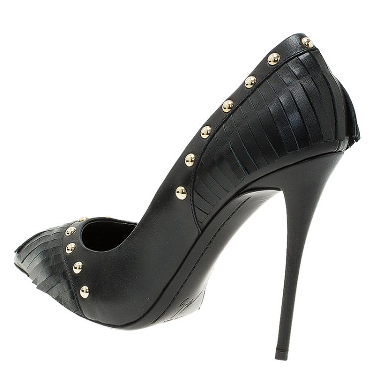 Pre Owned Giuseppe Zanotti Black Leather Studded Fringe Pumps Size 38.5