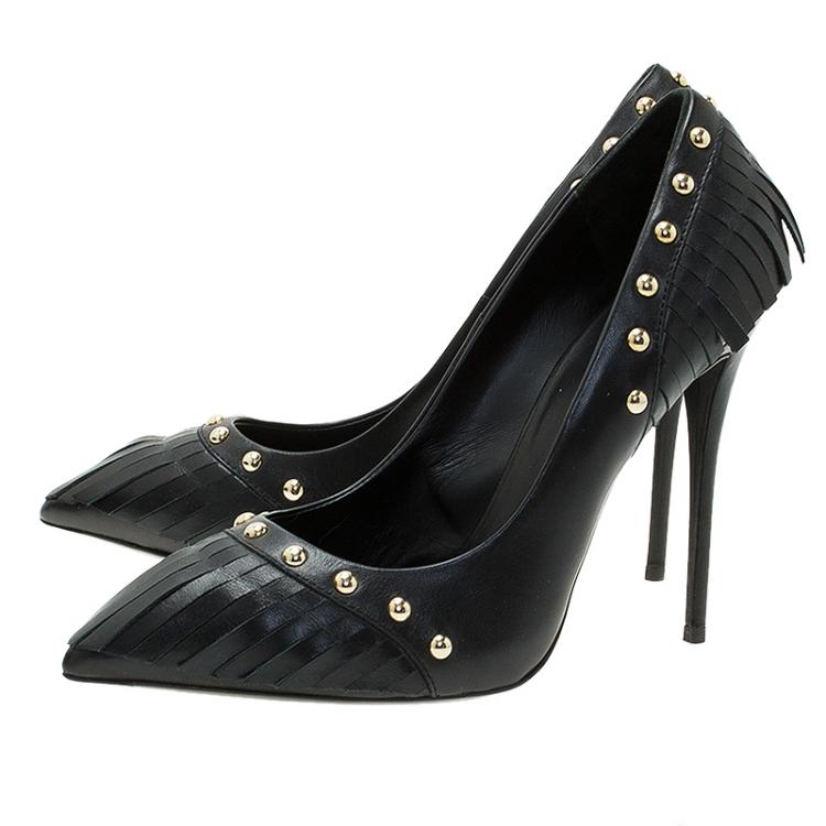 Pre Owned Giuseppe Zanotti Black Leather Studded Fringe Pumps Size 38.5