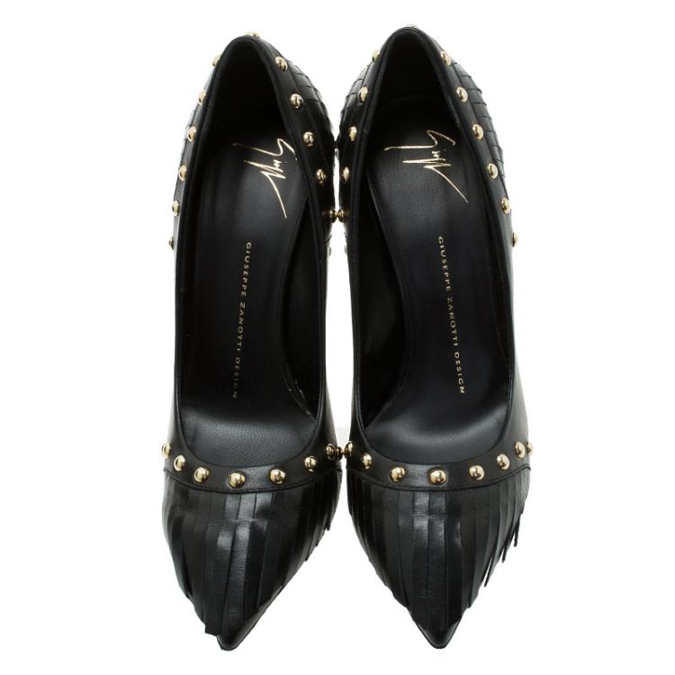 Pre Owned Giuseppe Zanotti Black Leather Studded Fringe Pumps Size 38.5