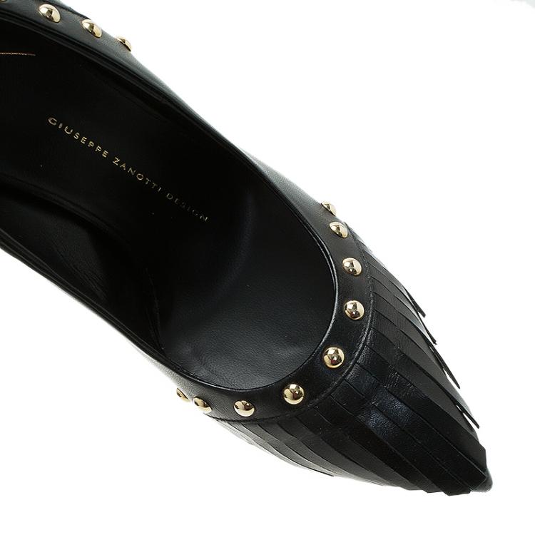 Pre Owned Giuseppe Zanotti Black Leather Studded Fringe Pumps Size 38.5