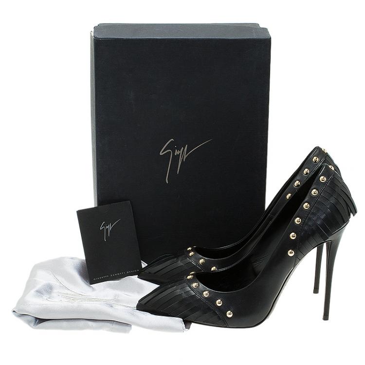 Pre Owned Giuseppe Zanotti Black Leather Studded Fringe Pumps Size 38.5