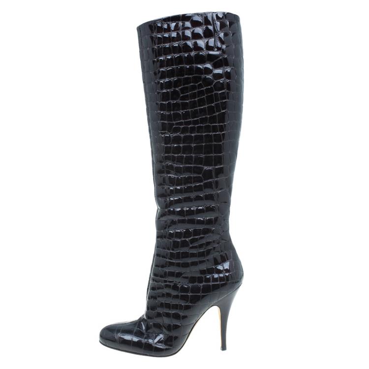 Pre Owned Giuseppe Zanotti Dark Brown Patent Croc Embossed Over Knee Boots Size 38