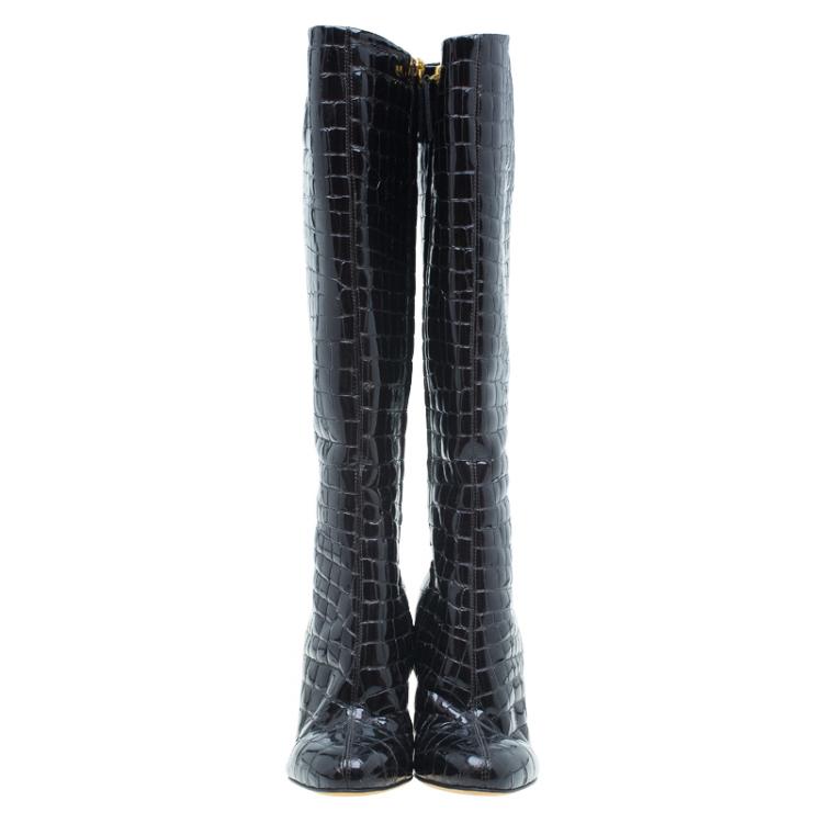 Pre Owned Giuseppe Zanotti Dark Brown Patent Croc Embossed Over Knee Boots Size 38