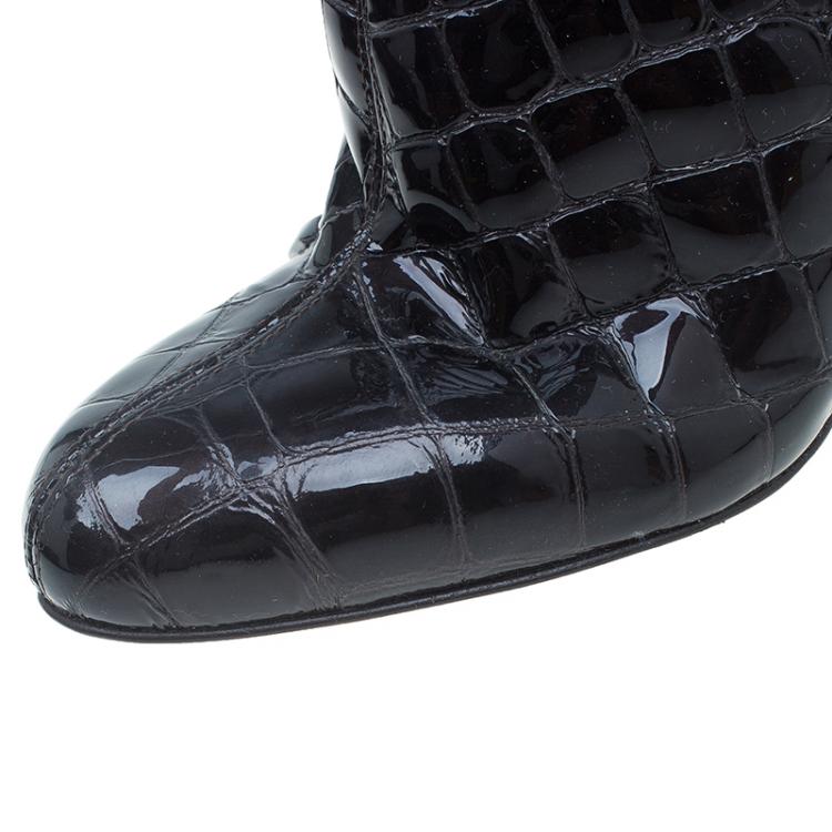 Pre Owned Giuseppe Zanotti Dark Brown Patent Croc Embossed Over Knee Boots Size 38