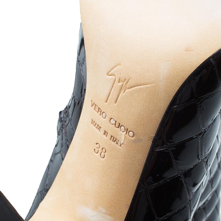 Pre Owned Giuseppe Zanotti Dark Brown Patent Croc Embossed Over Knee Boots Size 38