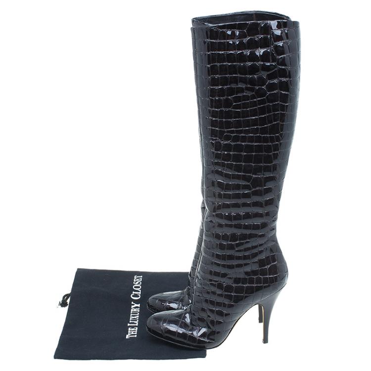 Pre Owned Giuseppe Zanotti Dark Brown Patent Croc Embossed Over Knee Boots Size 38