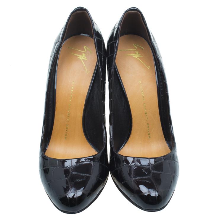 Pre Owned Giuseppe Zanotti Dark Brown Patent Croc Embossed Pumps Size 38