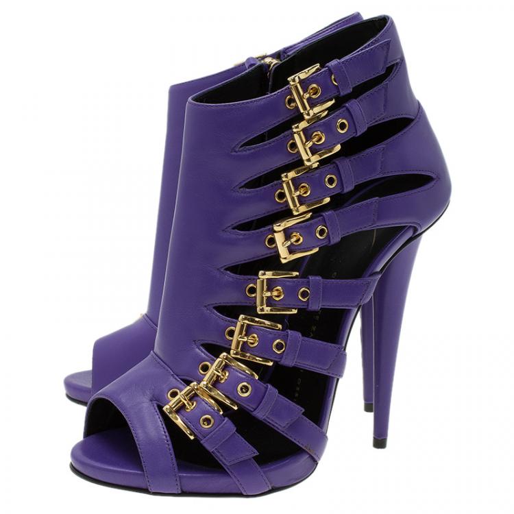 Pre Owned Giuseppe Zanotti Purple Leather Multiple Buckle Cutout Ankle Boots Size 37.5