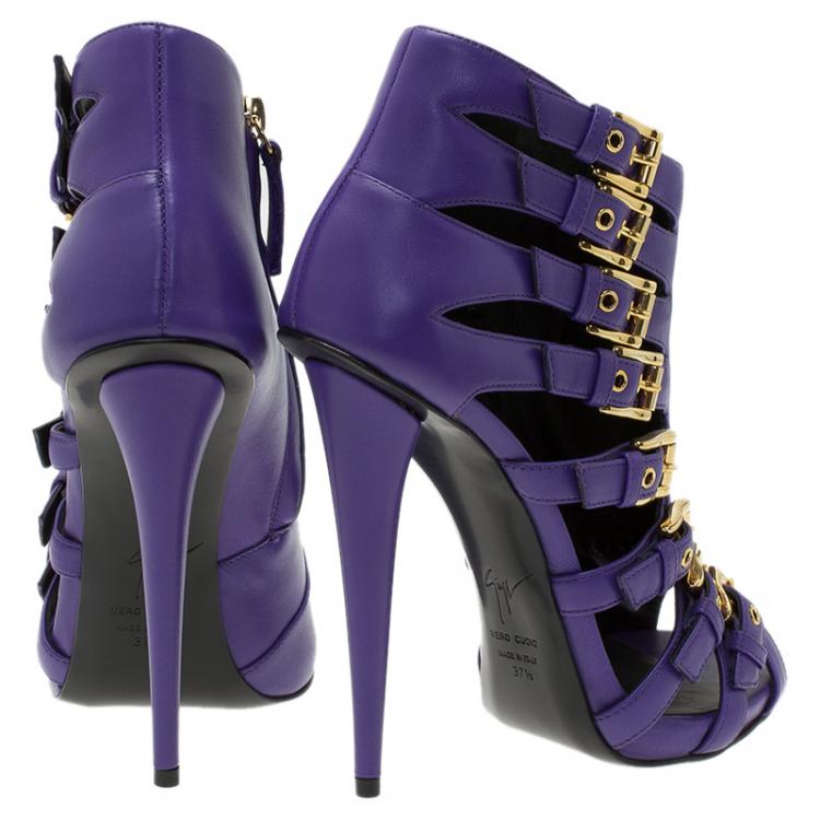 Pre Owned Giuseppe Zanotti Purple Leather Multiple Buckle Cutout Ankle Boots Size 37.5