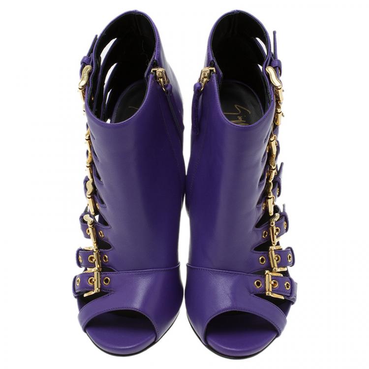 Pre Owned Giuseppe Zanotti Purple Leather Multiple Buckle Cutout Ankle Boots Size 37.5