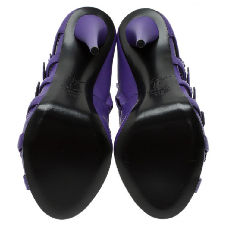Pre Owned Giuseppe Zanotti Purple Leather Multiple Buckle Cutout Ankle Boots Size 37.5