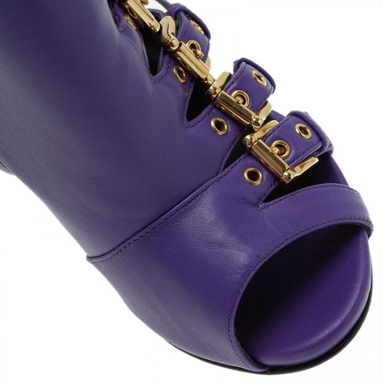 Pre Owned Giuseppe Zanotti Purple Leather Multiple Buckle Cutout Ankle Boots Size 37.5