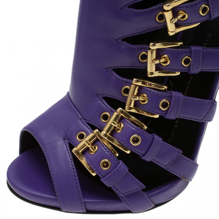 Pre Owned Giuseppe Zanotti Purple Leather Multiple Buckle Cutout Ankle Boots Size 37.5