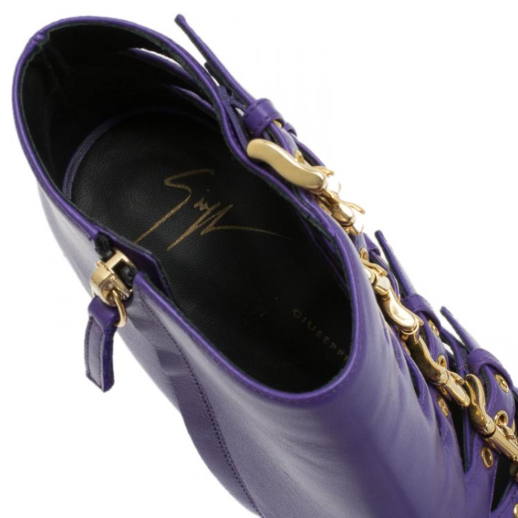 Pre Owned Giuseppe Zanotti Purple Leather Multiple Buckle Cutout Ankle Boots Size 37.5
