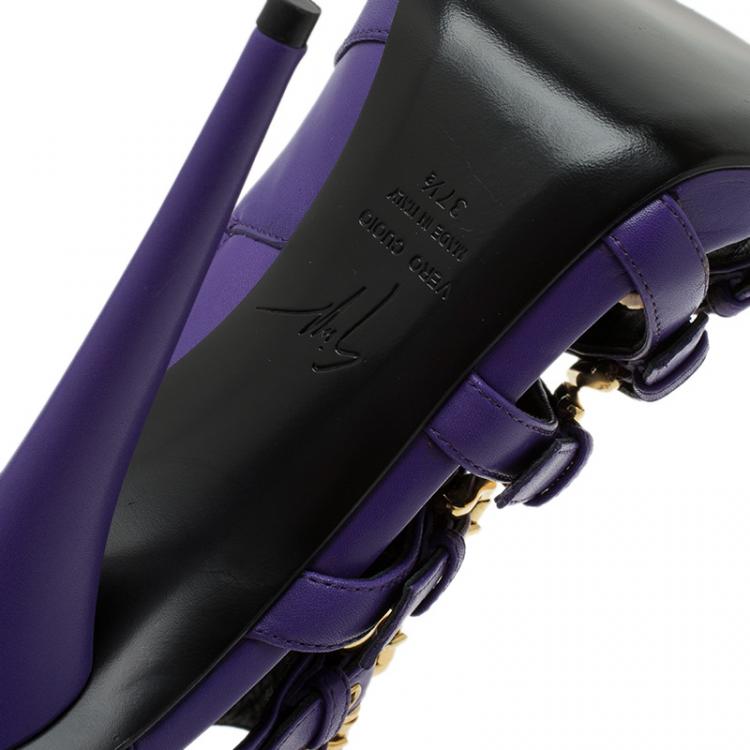 Pre Owned Giuseppe Zanotti Purple Leather Multiple Buckle Cutout Ankle Boots Size 37.5