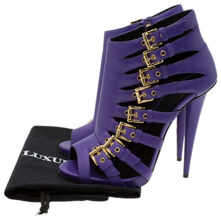 Pre Owned Giuseppe Zanotti Purple Leather Multiple Buckle Cutout Ankle Boots Size 37.5
