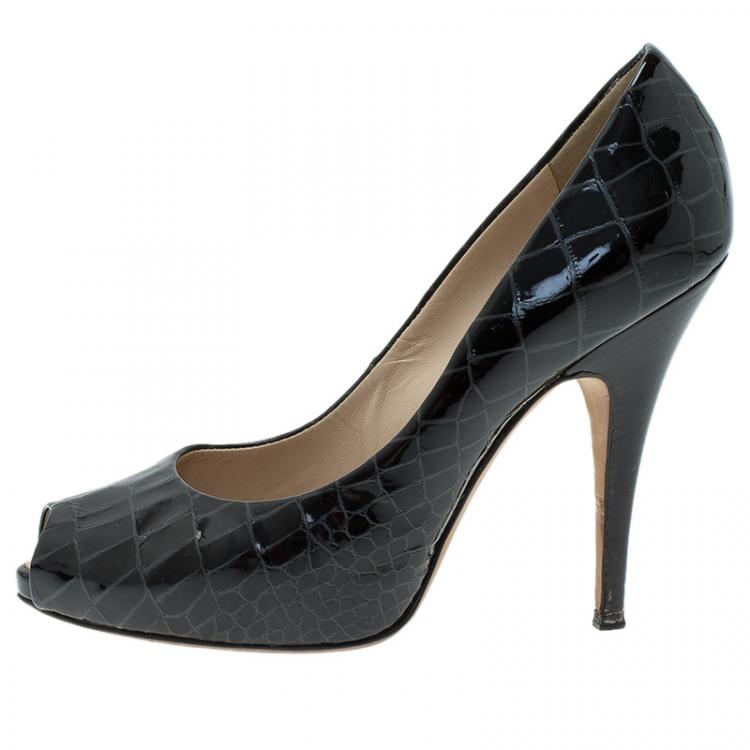 Pre Owned Giuseppe Zanotti Black Patent Croc Embossed Sharon Platform Peep Toe Pumps Size 38